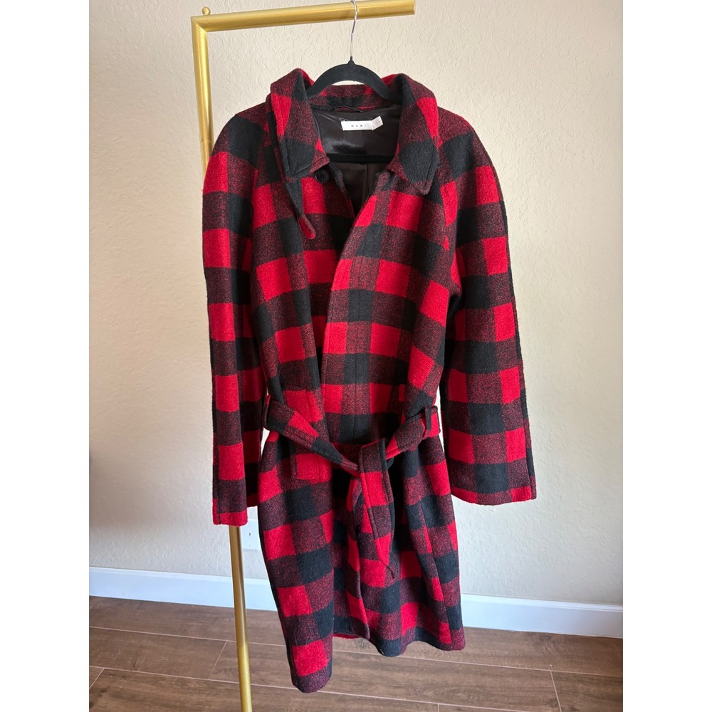 MNML Womens Coat Red Black Buffalo Plaid Belted Wrap Size L Designer Old Money - Picture 1 of 6